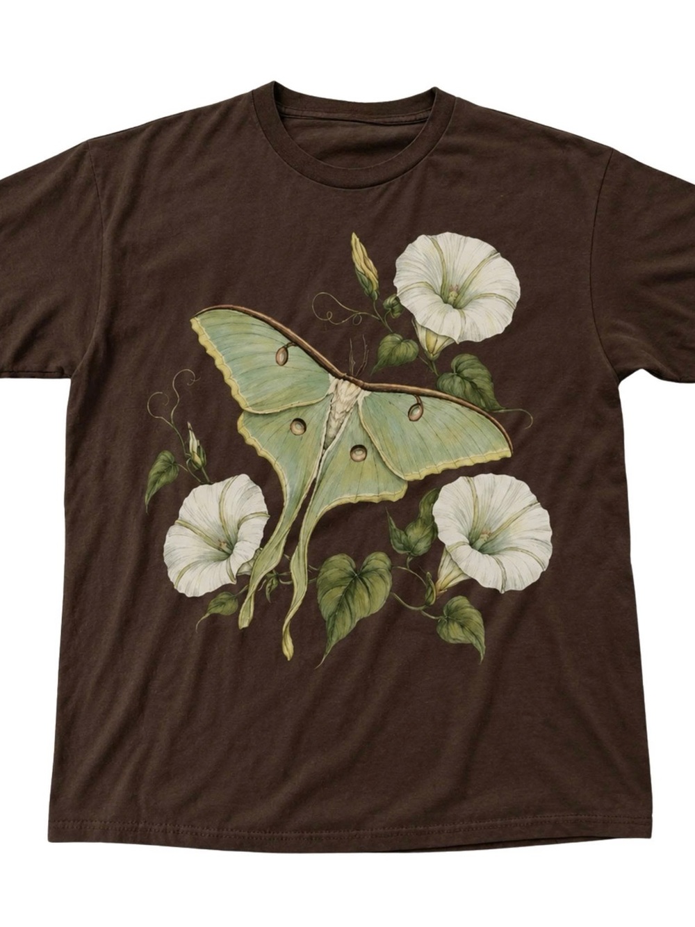 Women’s  Brown Graphic Tee with Luna Moth & Morning Glories